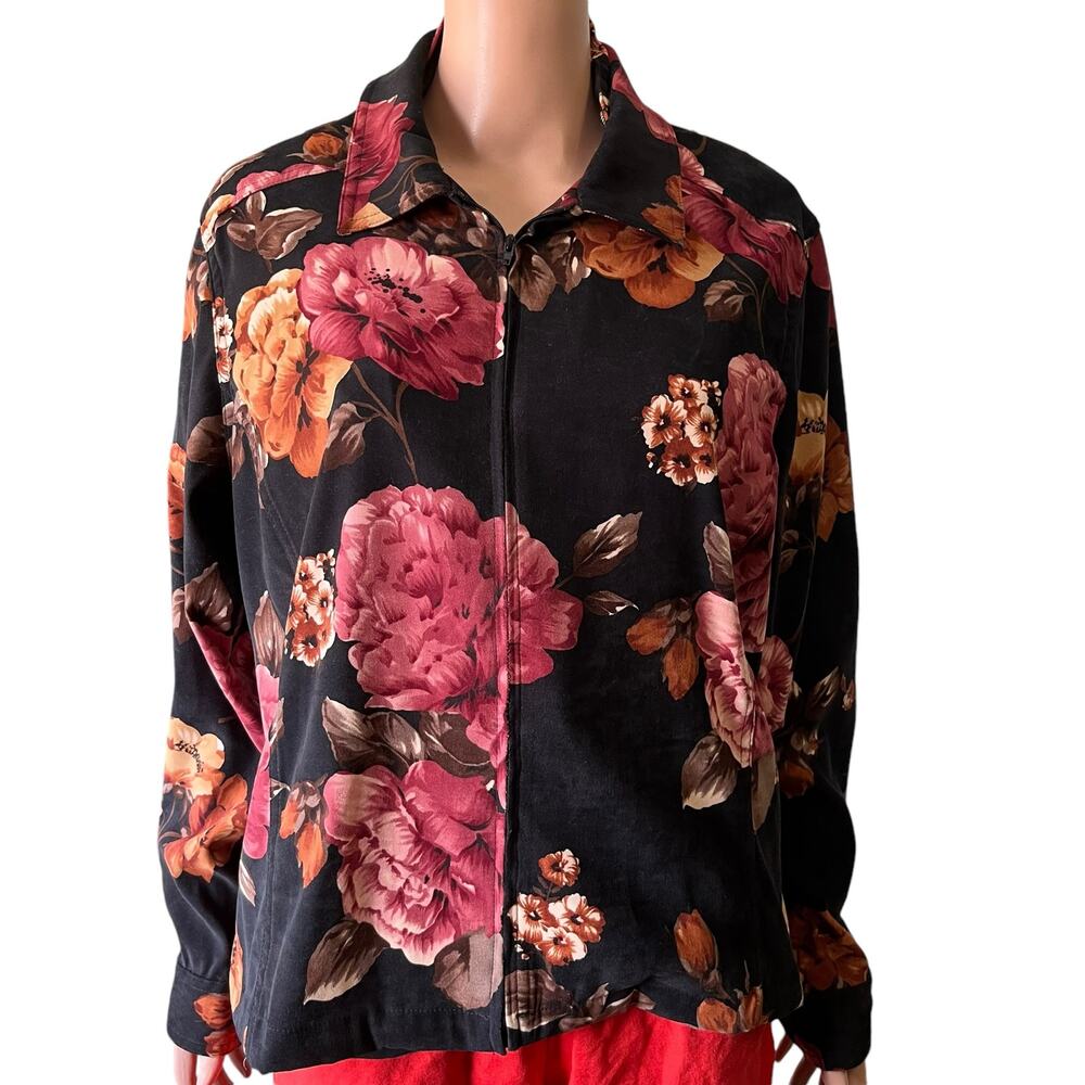 Coldwater Creek Velvet Floral Tapestry Zip Blazer L VTG Y2K Career Cottage Core